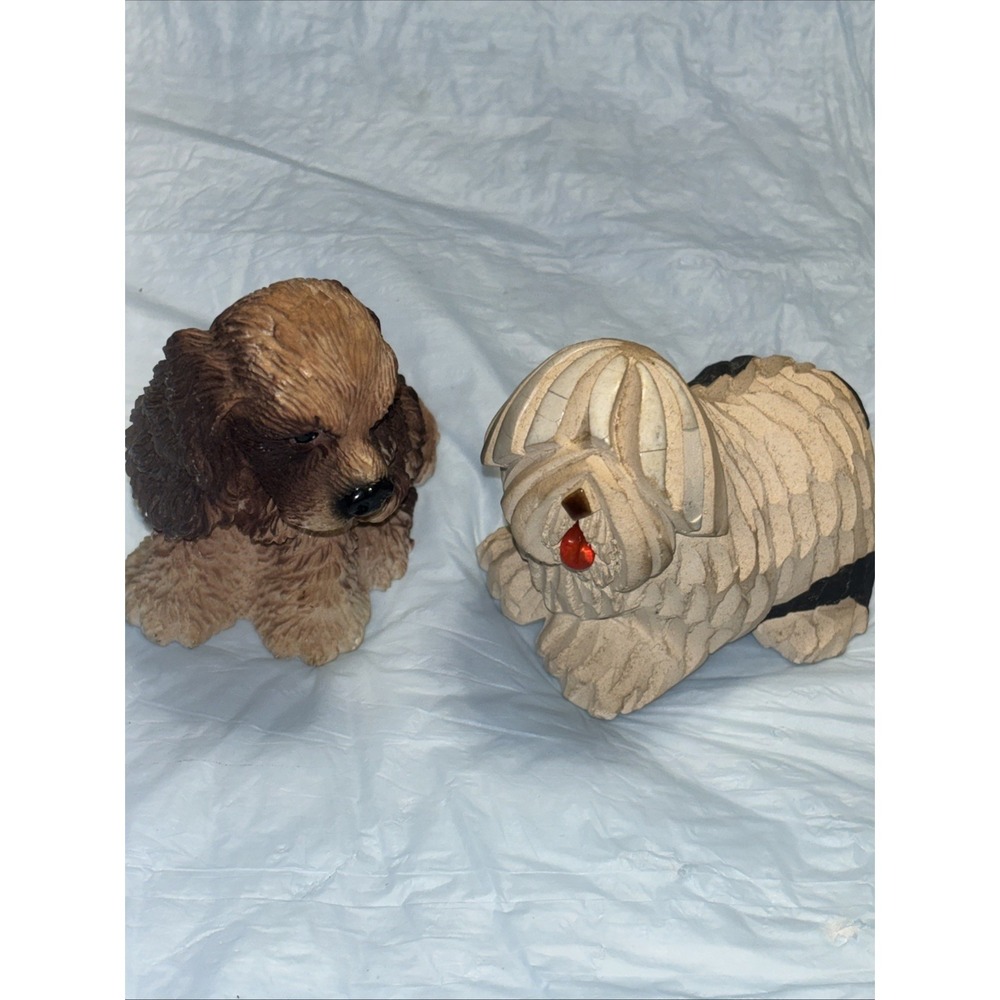 3" Vintage JJ Mouche Hand Carved Uruguay Dog Figurine & Spaniel Puppy Statue Lot